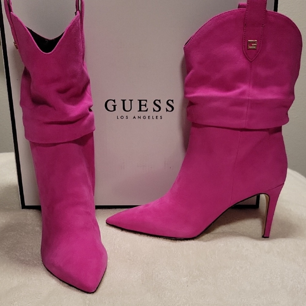 NEW! Guess Shoes Benisa Pink Suede Slouchy Western Heeled Ankle Boots Size 8.5 - Picture 7 of 13